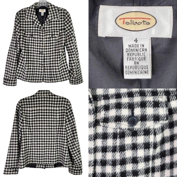 Talbots Blazer Jacket Womens 4 Wool Button Lined Black White Plaid Gingham - Picture 1 of 9